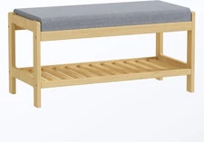 Shoe Bench Entryway, Solid Wood 2-Tier Rack with Padded Natural 