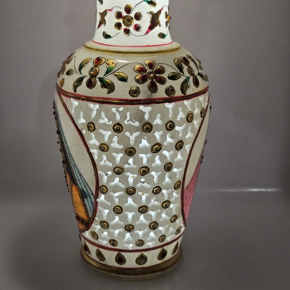 Jarrón de piedra de mármol corte a mano pintado en oro decoración Meenakari arte India 9" H mogol Foto 2 de 4
