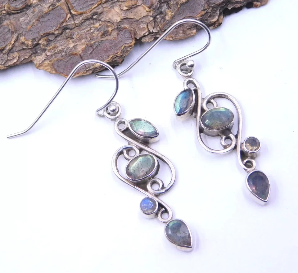 4.60 Gm 925 Sterling Silver Natural Labradorite Gemstone Earring Size 1.75" S322 - Image 4 of 4