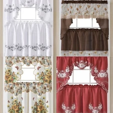 3PC SET EMBROIDERY/PRINTED KITCHEN CURTAIN SOLID DRAPE VALANCE TIER NEW DESIGNS