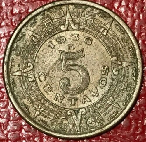 HIGH GRADE AU 1936 M MEXICAN MEXICO 5 CENTAVOS-AZTEC CALENDAR-AGT906