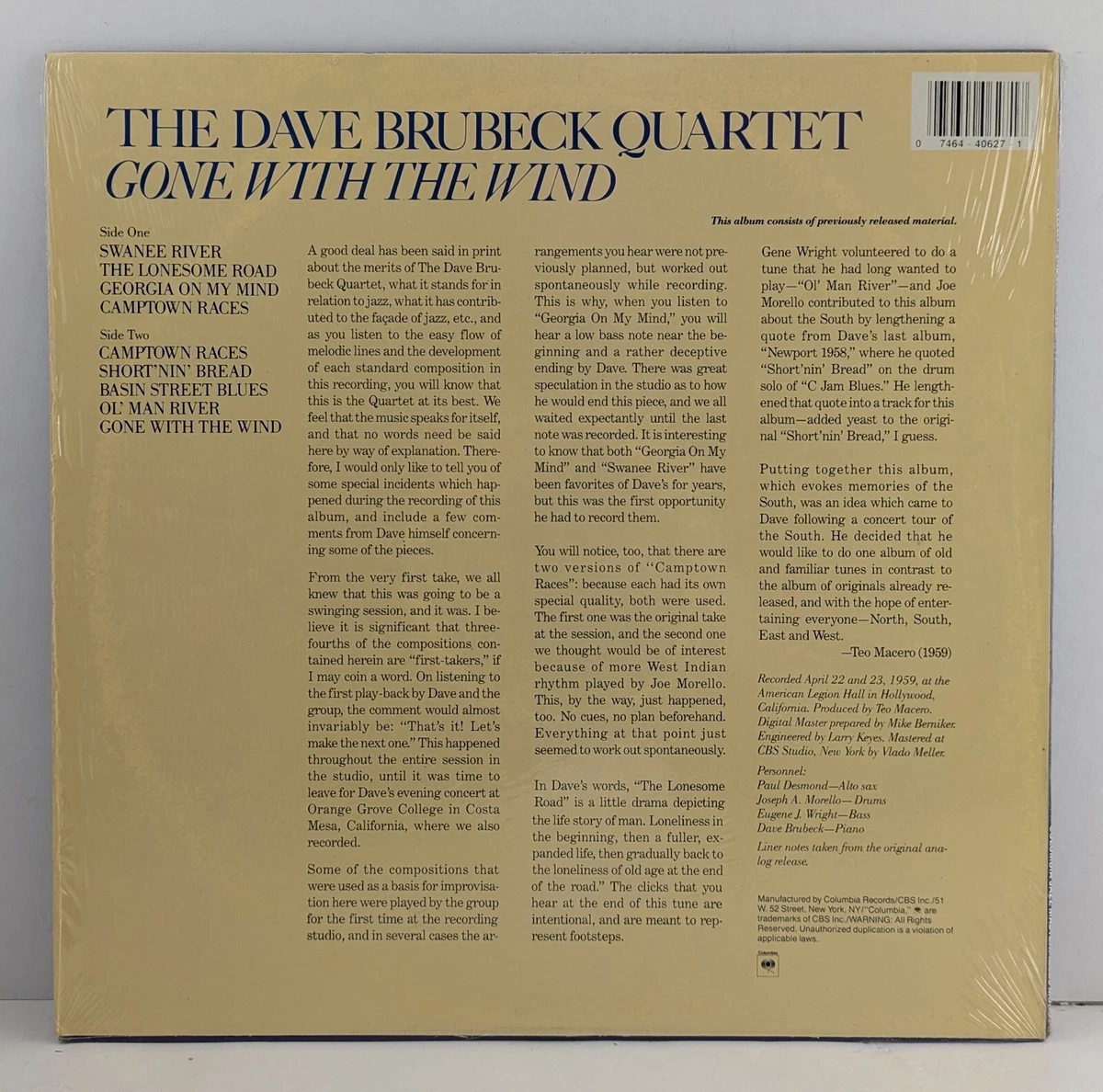 The Dave Brubeck Quartet Gone With The Wind 12" Vinyl LP Remaster CJ 40627 Mono