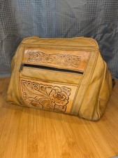 Vintage Leather floral embossed Handbag Purse Zip Pockets Lined Tan S04 