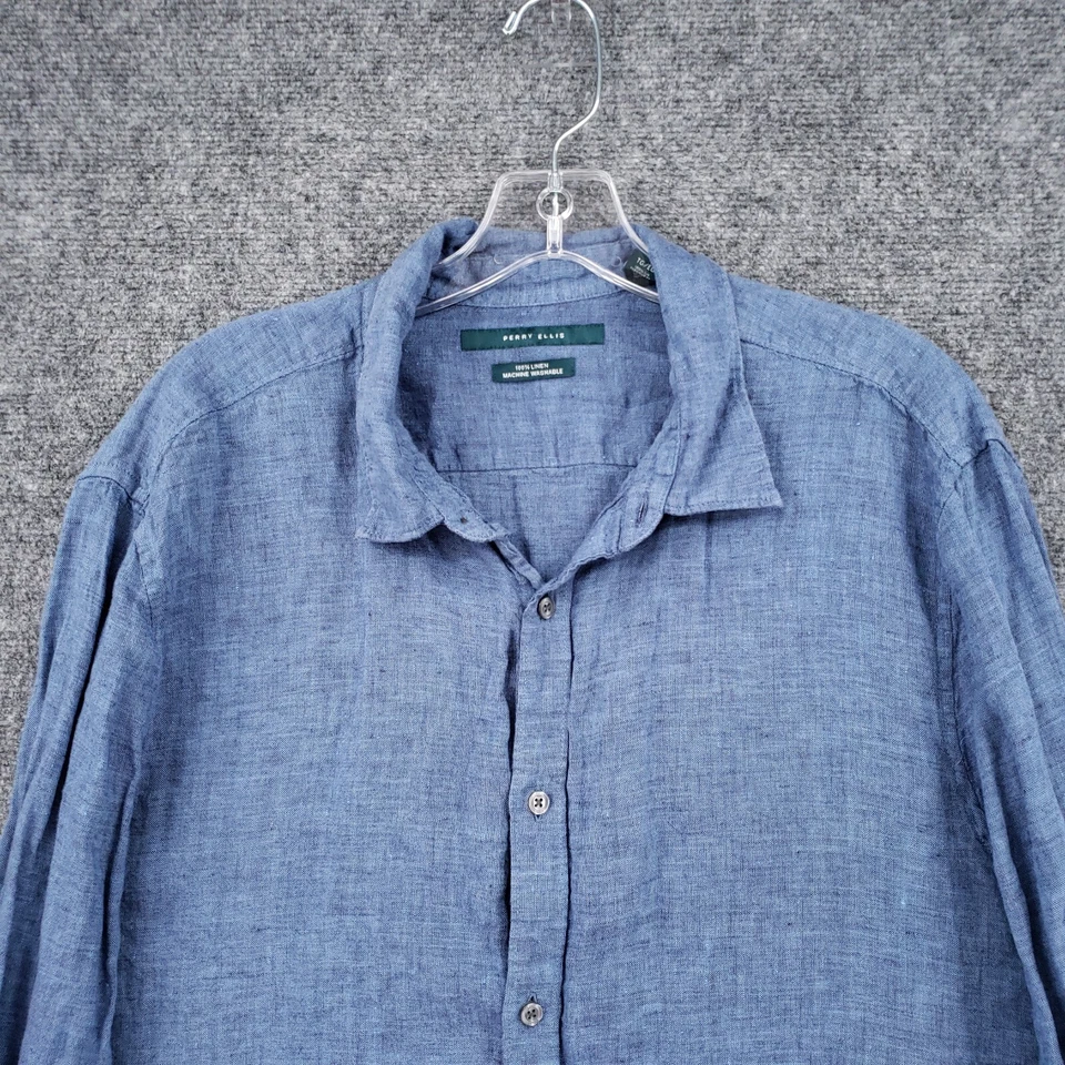 Perry Ellis Button Up Shirt Men L Large Blue Linen Roll Tab Long Sleeve Collared - Image 3 of 4