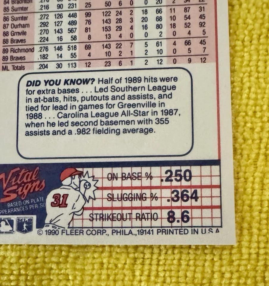 1990 Fleer - #587 Mark Lemke MINT Card With 2 Errors MINT CONDITION RARE - Image 3 of 4