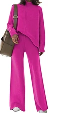 Women's 2 Piece Sweater Set High Neck Knitted Pullover Wide Leg Pink Medium