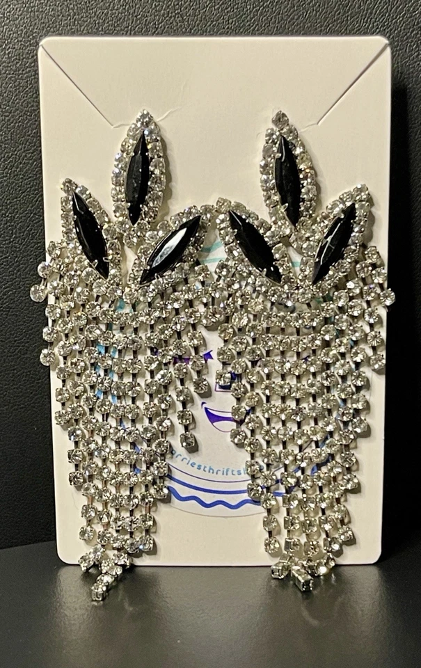 Vintage Black White Crystal Long Dangle Drop 3.5" Glitz Party Post Earrings - Image 4 of 4