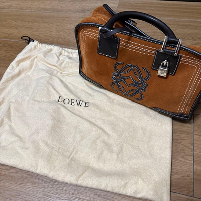 LOEWE Amazona Suede Embroidered Anagram Top Handle Bag Brown w/padlock dust bag
