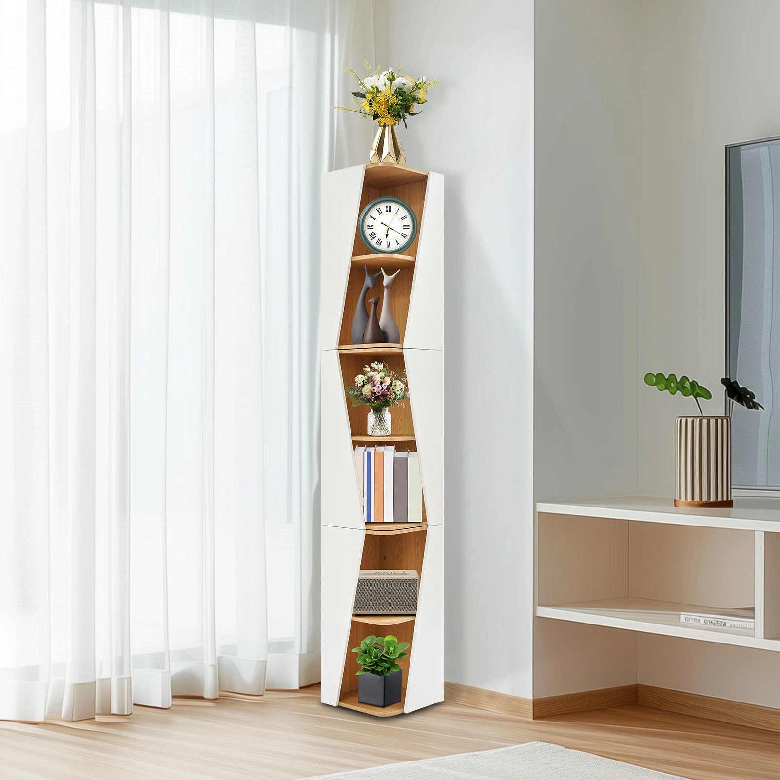 Corner Shelf 6-Tier Wall Corner Bookshelf Stylish Corner Small Bookcase Storage