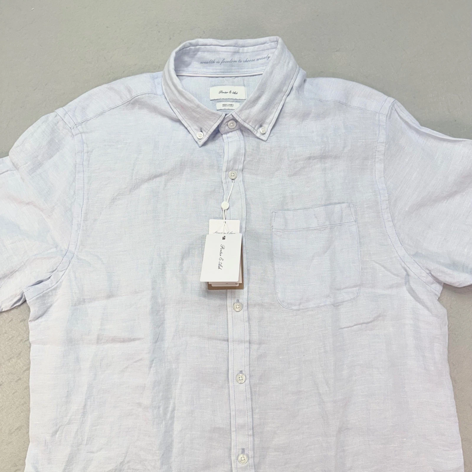 Porter & Ash Men's Linen Button‑Down Blue Short Sleeve Shirt Size L NWT, Fashion