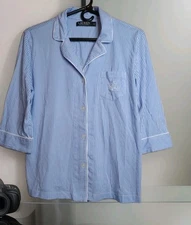 Lauren Ralph Lauren Womens Cotton LS Button Down Blue Striped Pajama PJ Shirt M