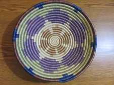 LARGE MULTICOLOR COIL BASKET 12 X 3" GEOMETRIC TRIBAL ETHNIC WALL ART