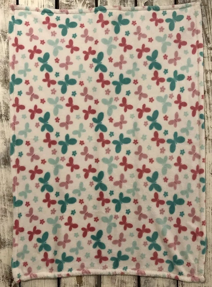 Girls Baby Blanket Butterflies Flowers White Teal Pink Fleece Lovey Butterfly - Image 2 of 4