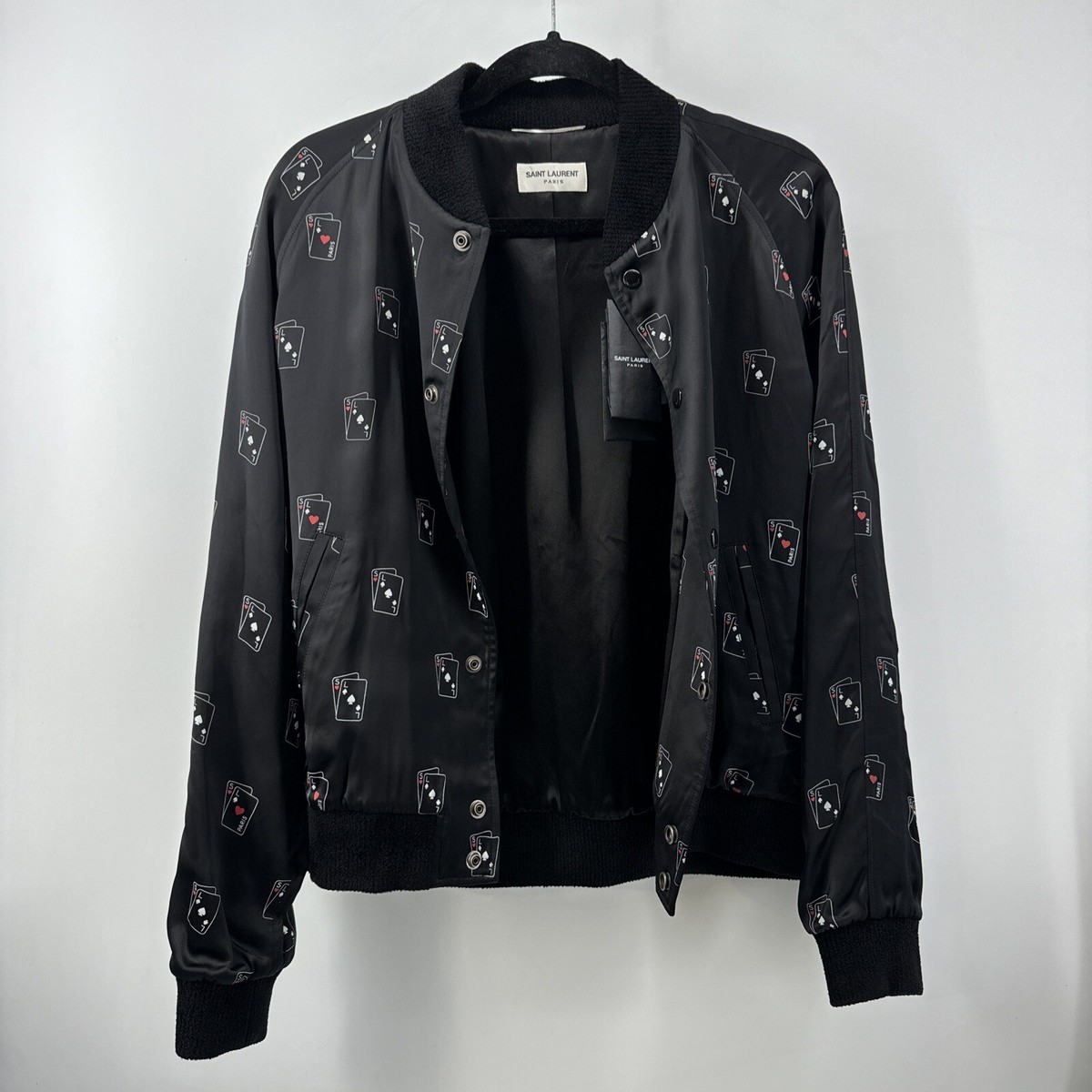 SAINT LAURENT Men's Playing Card-Print Satin Bomber Jacket