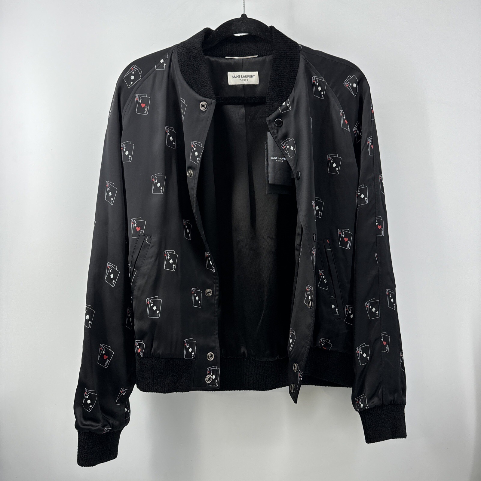 Giacca bomber in raso SAINT LAURENT da uomo stampa carte da gioco taglia 48 NUOVO con ETICHETTE