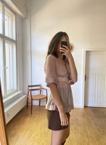Dusty pink sheer woman blouse, Babydoll half sleeve sexy see through top, Beaded - Picture 5 of 10