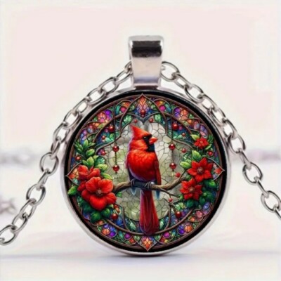 Vintage Style Cardinal Red Bird Round Pendant Necklace Jewelry