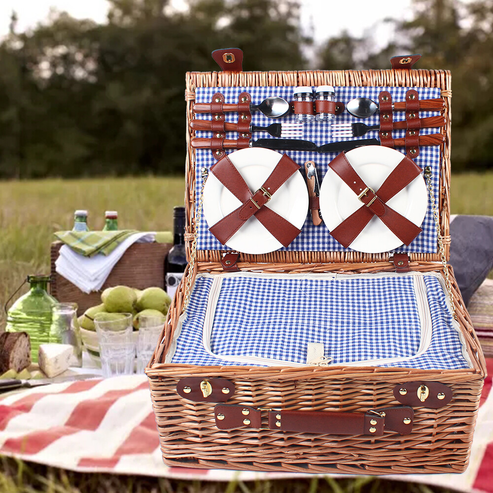 Large Wicker Picnic Basket With Cups Flatware Set Utensils Basket For 4 Person