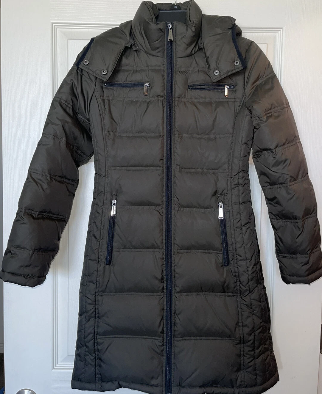 Cappotto tampone con cappuccio Michael Kors donna verde marrone imbottito cerniera intera XS