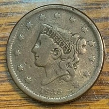 1838 Large Cent Nice Original VF Below Greysheet SAFERSHIP CHN