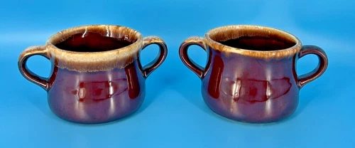 McCoy Two Handle Soup Bowl Mug Cup Set of 2 Brown Pottery Drip Glaze 3.75" x 3"