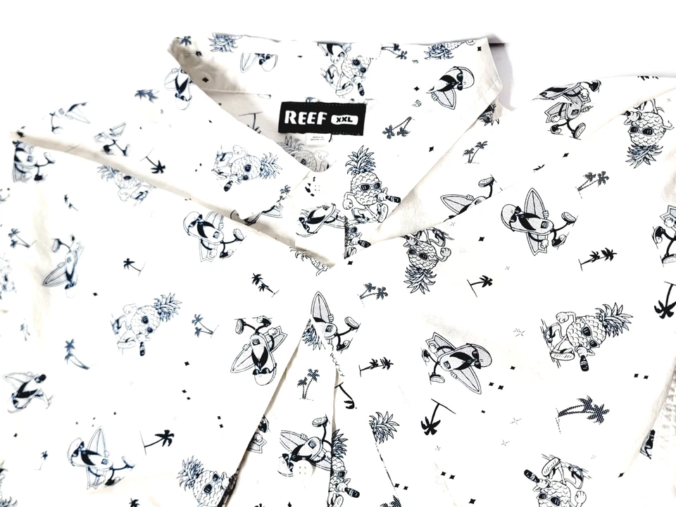 Camisa hawaiana REEF 2XL para hombre manga corta con botones algodón surfista blanca azul Foto 2 de 4