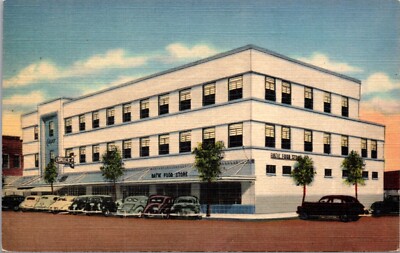 Linen Postcard Automobiles Outside Carper Building in Artesia, New Mexico