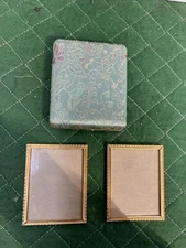 Vintage Small Hinged Picture Frame Wallet w Blue Peacock Fabric Material Case