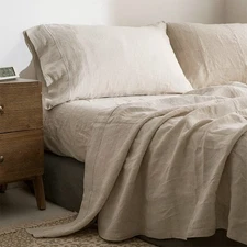 Simple&Opulence 100% Linen Sheet Set with Embroidery Washed - 4 Pieces (1 Fla...