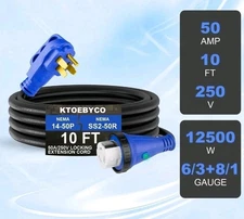 50 Amp RV Extension Cord 10 ft 250V Heavy Duty STW 6/3+8/1 Gauge Pure Copper ...