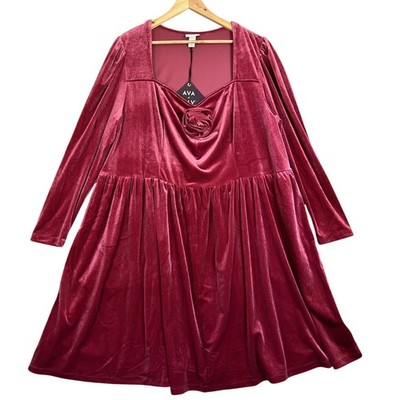 Ava & Viv Dress Women 1X Red Velour Cocktail Rosette Pockets Holiday Long Sleeve