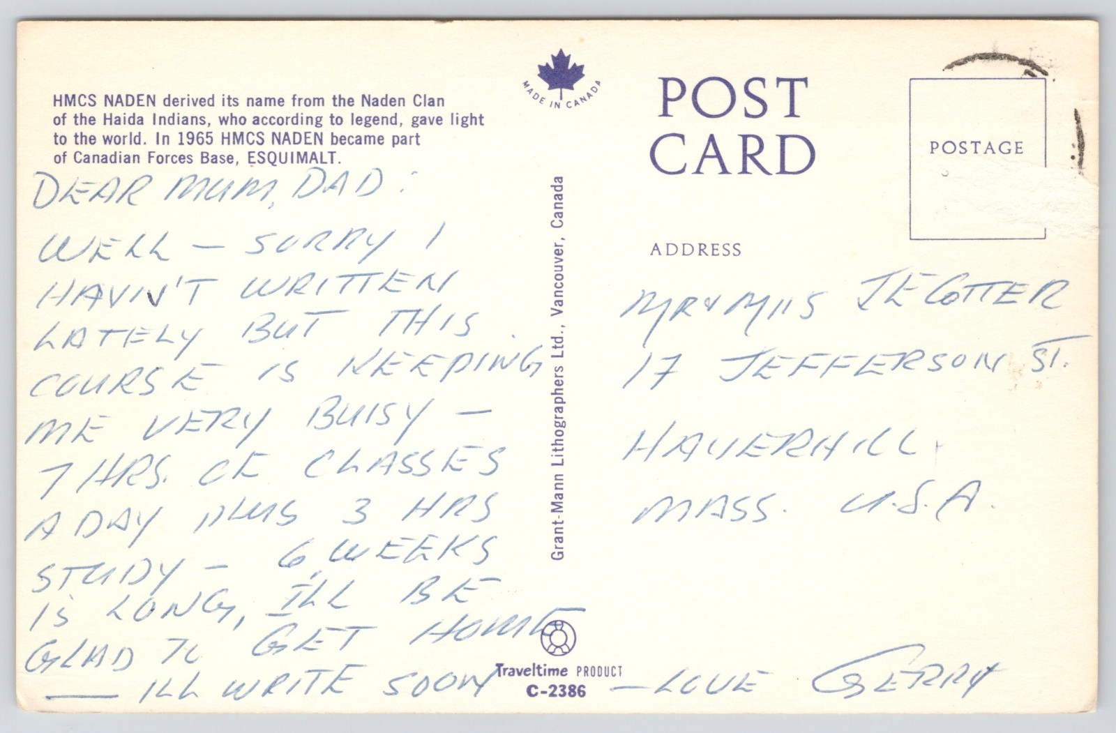 Postcard CFB Esquimalt HMCS Naden Clan Haida Indians Canada