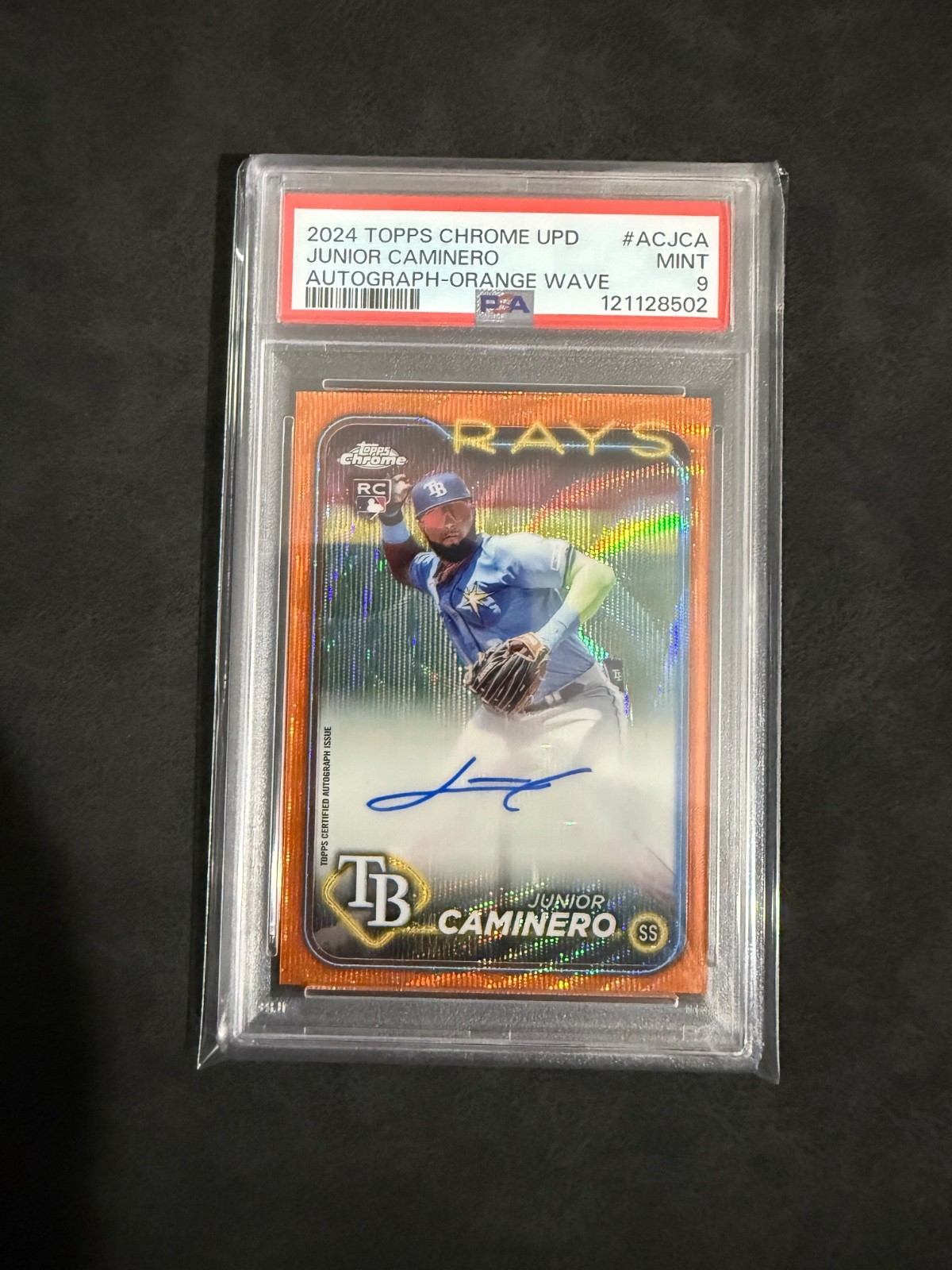 2024 Topps Chrome Update Junior Caminero Orange Wave Auto /25 PSA 9 Rays