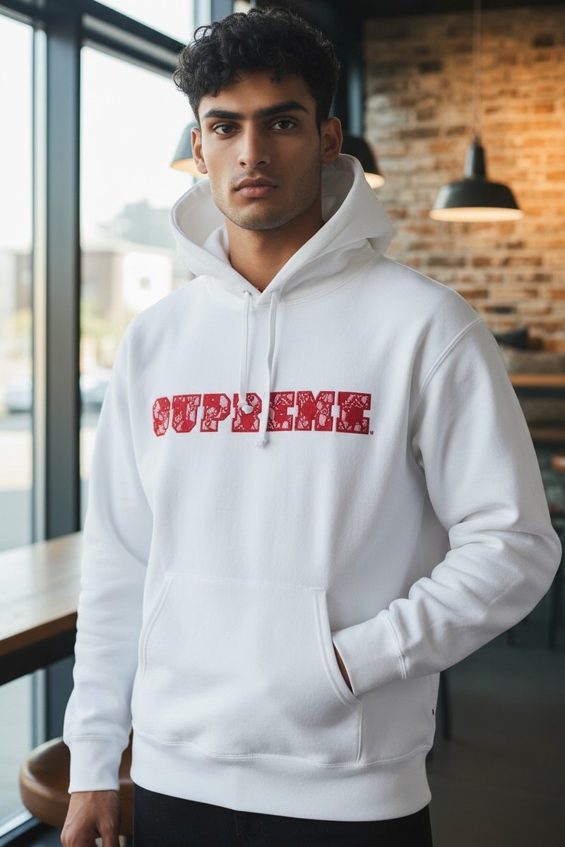 Authentic SUPREME Thick White Sweatshirt Hoodie Red Floral Mesh