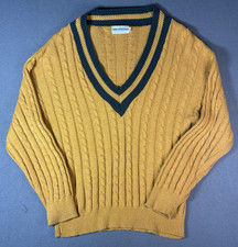 VTG Fisherman Sweater Mustard Chunky Knit V Neck Eric Rhodes USA Made 90s size L