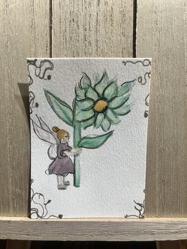 ACEO Original Fairy holding Chrysanthemum Flower Whimsical Fantasy Illustration