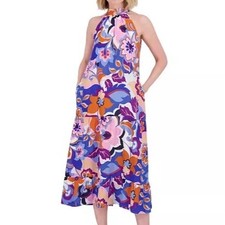 Eliza J Printed Halter Midi Sleeveless Tie Neck Multi Floral Dress Womens 8 NWT