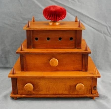 1800’s 3-Tiered Wood New Hampshire Shaker Spool Holder Sewing Box Pin Cushion