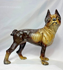 Vtg Cast Iron Right Facing Dog Doorstop Boston Terrier Brown Off White