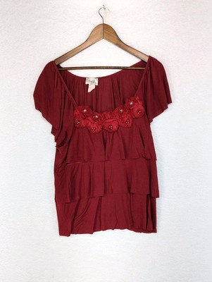 Vintage Lavish Plus Top Red Floral Embellished Front Short Sleeve USA 1X