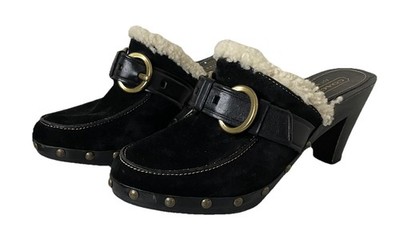 COACH Sondra Heeled Clogs Mules Black Suede Shearling Lined Buckles Studs Sz 9.5