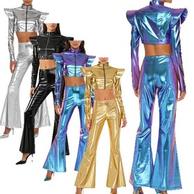 Women Costume 70S Set Corset Outfit Holographic Clubwear Adult Halloween Zip Up