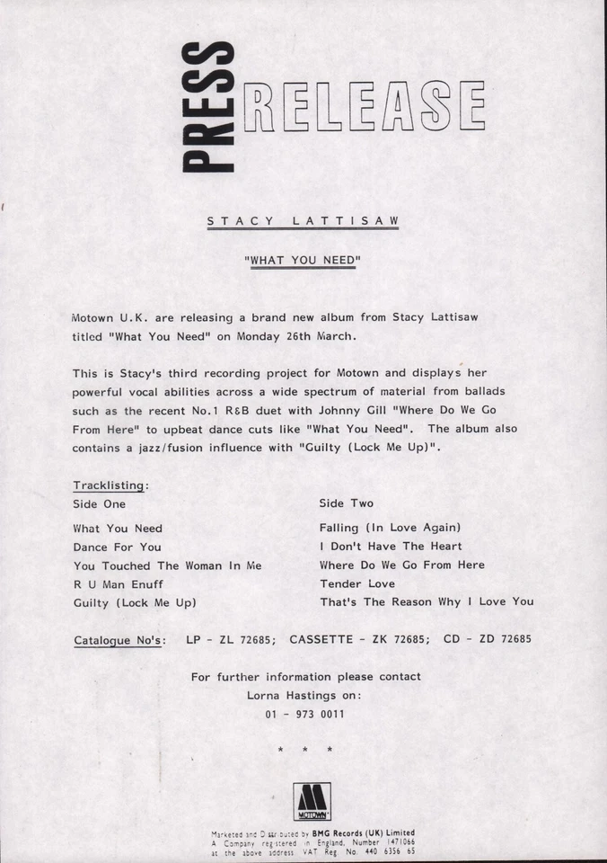 Stacy Lattisaw What You Need LP vinyl Germany Motown 1989 includes promo info - Image 3 of 4