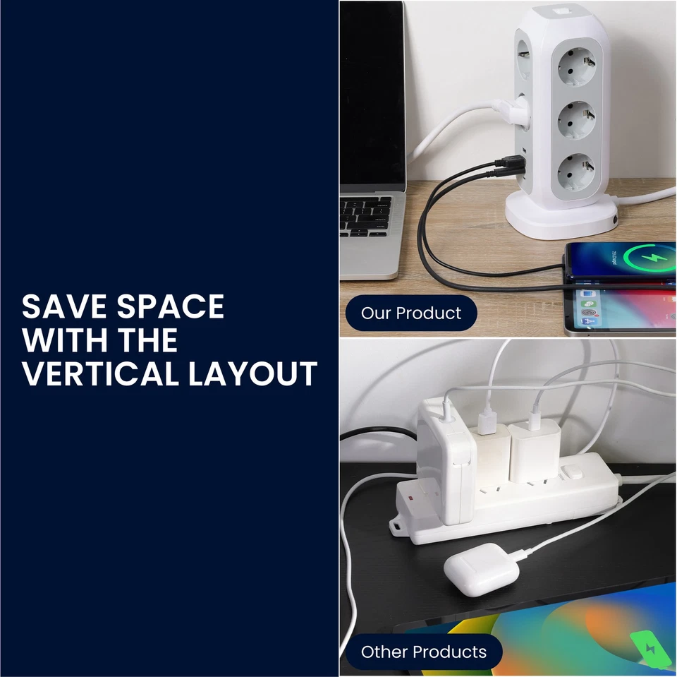 Mehrfachsteckdose mit USB A & C Ports - Steckdosenleiste Turm - Bild 3 von 4