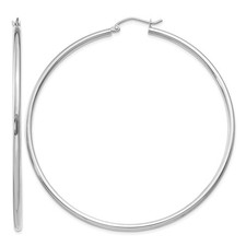 14k White Gold Polished 2x60mm Lightweight Tube Hoop Earrings Gift for Her