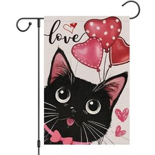 Valentines Love Garden Flag 12 x 18 Inch Double Sided Burlap, Cute Black Cat