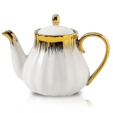 30oz Ceramic Teapot with Removable Stainless Steel Infuser White with Gold Trim