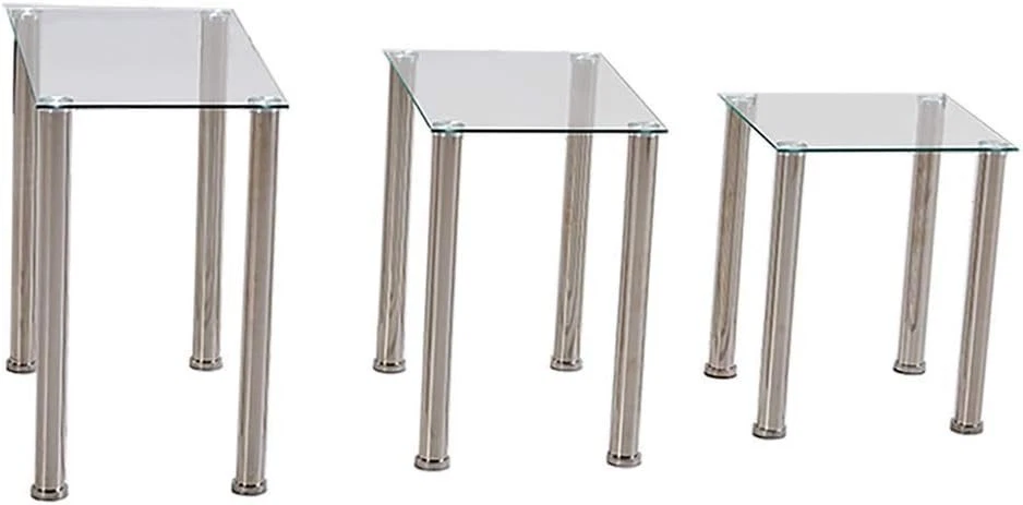 Nest of 3 Modern Glass Coffee Table Set Chrome Legs Side End Sofa Living Room - Image 3 of 4