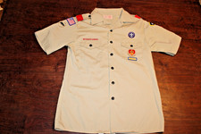 Boy Scouts of America BSA Youth Shirt Tan X-Large XL Sewn Patches Short Sleeve