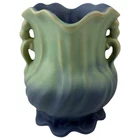 Weller Pottery Double-Handled Vase VTG Blue Green Puffed Swirl Ruffled Rim USA